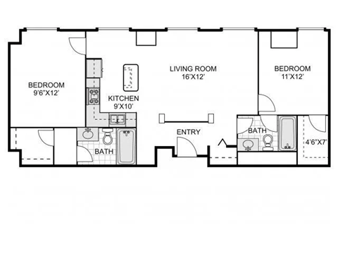 Floor plan for 2 beds, 2 baths, 980 sqft